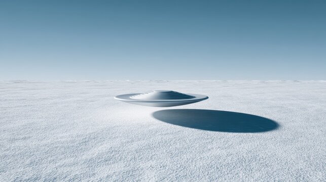 sleek silver saucer casting shadow on snow in Antarctica, clear sky background, minimal clean composition