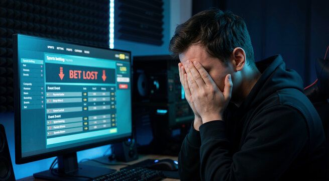 Frustrated man covering face with hands after losing online sports bet. Upset gamer looking at computer monitor with bet lost notification in dark room
