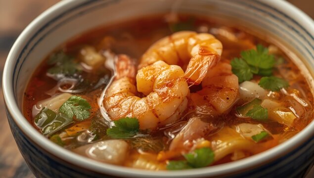 Tamarind broth shrimp stew Sinigang Filipino cuisine close up bowl