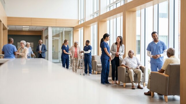 Diverse group of healthcare professionals interacting with elderly patients in a modern hospital lobby