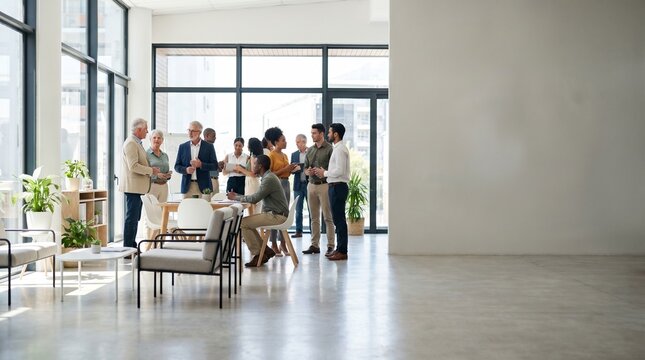 Diverse group of professionals collaborating in a modern bright office space discussing ideas and projects