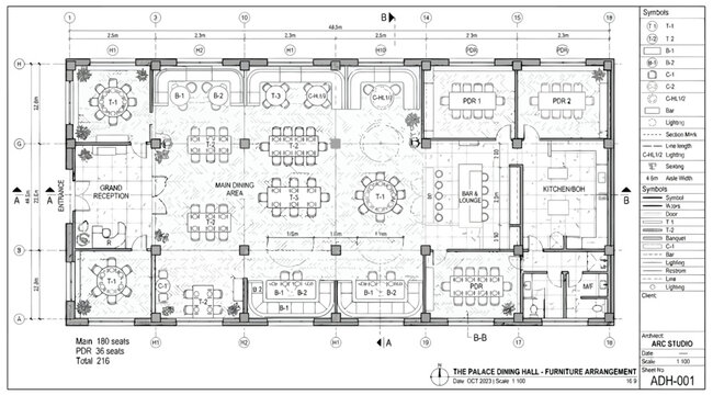 Furniture arrangement plan for a large event hall or conference center
