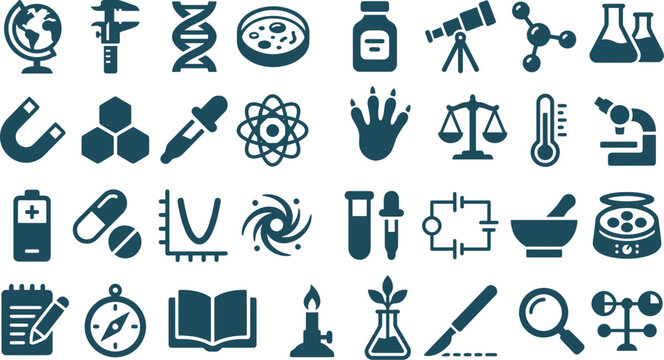 Detailed set of scientific laboratory icons featuring dark teal vector graphic silhouettes of various research tools and experimental equipment arranged in a clean grid pattern for modern academic