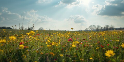 Obraz premium Wildflower field under a bright sky with clouds