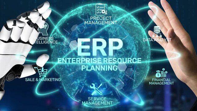 ERP platform visual showing centralized system for enterprise resource planning, improving integration, data flow, business efficiency, finance, inventory, and human resources. Muxer