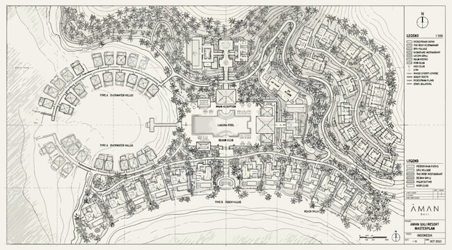 Architectural master plan for aman luxury resort featuring detailed villa placement and landscape design