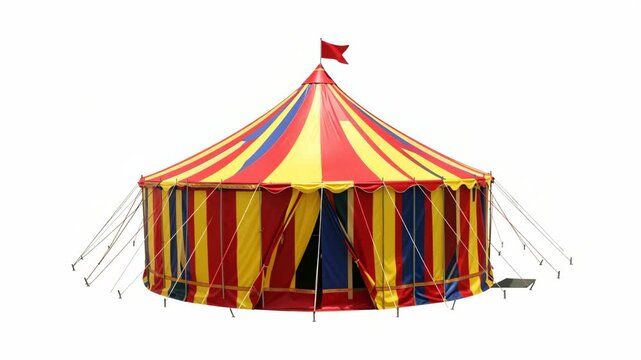 A classic circus tent with a vibrant striped pattern and red, white, and blue colors. The tent is topped with flags fluttering in the breeze.