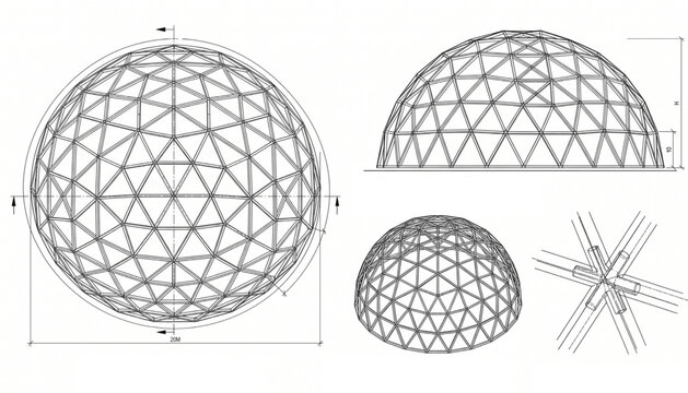Geodesic dome architectural blueprint set, multi-view technical engineering drawing with dimension measurements, top-down plan, front elevation and 3D wireframe perspective illustration isolated on wh