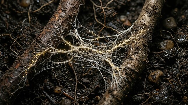 Mycorrhizal network, intricate fungal hyphae forming a symbiotic connection with plant roots, essential for subterranean nutrient exchange, promoting robust soil health and ecological balance