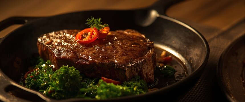 Juicy dry aged fillet steak with chili and green rapini broccoli rabe arranged on contemporary cast iron
