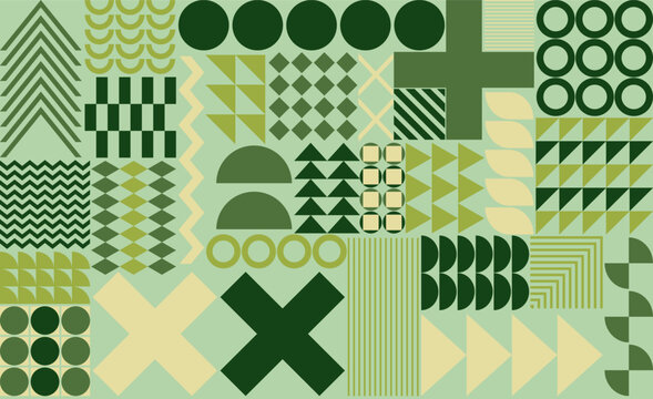 Green abstract seamless geometric pattern. Olive and khaki vector background set in modern Bauhaus style for organic textile, fabric print, and wrapping paper design. Decorative mosaic repeat print