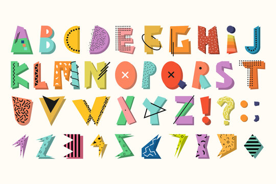 Memphis Colorful Alphabet Vector Font. Retro 80s - 90s. Pop Art Style Letters and Numerals Set. Creative Geometric Typographic Typeface for Trendy Poster, Logo, and Fun Bold Text Design