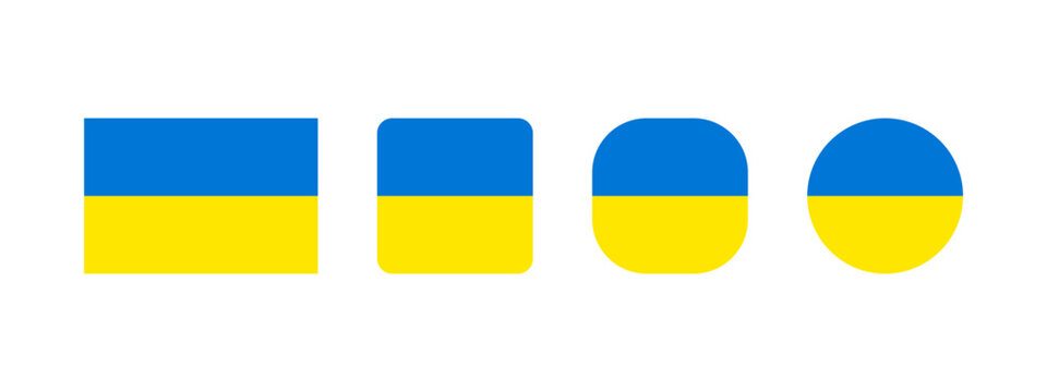Ukraine national flag set in original proportion and different shapes styles. Official Ukrainian symbol, logo vector collection