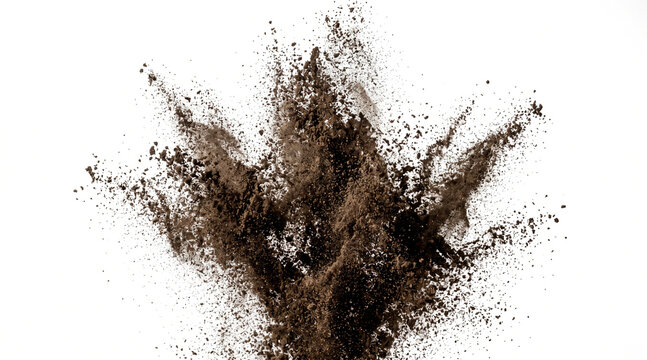 Dark brown coffee powder exploding against a clean white background for culinary