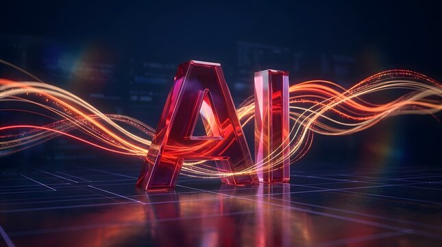 Glowing red artificial intelligence letters with dynamic light trails on a digital grid background