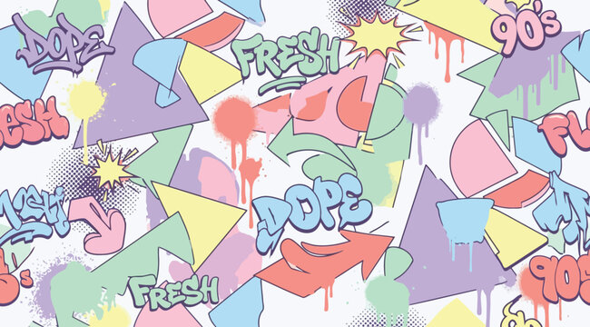 Seamless pattern with 90s style graffiti, colorful geometric shapes, and retro typography
