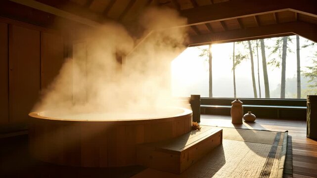 A serene wooden hot tub steaming up on a deck during sunset, providing relaxation and beauty in nature.