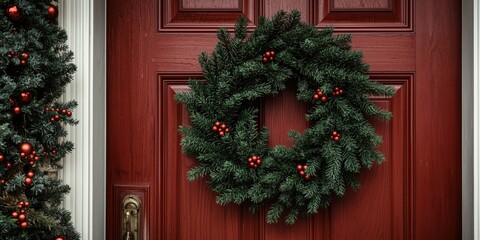 Obraz premium Holiday door adorned with rich fir branch wreath and clear copy space area