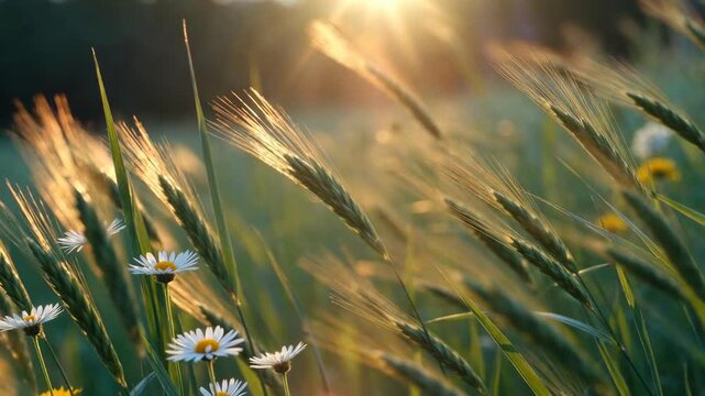 Golden wheat stalks sway gently in warm evening sunlight. White daisies bloom among green stems
