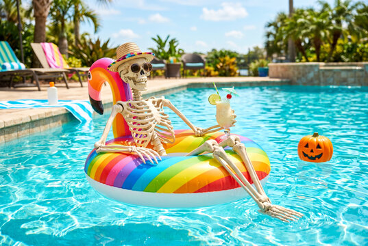 Relaxed skeleton floating on a rainbow pool float with cocktail and pumpkin for summer halloween party background and holiday design
