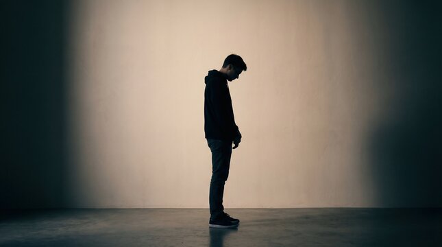 Depressed young man standing alone in profile with head bowed down, abstract mental health crisis, emotional burnout and lonely teenager sadness concept