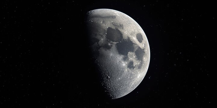 Stylized portrayal of the moon's far side imaged by a robotic space craft