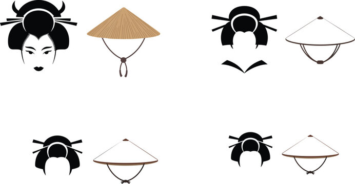 Traditional Japanese geisha hairstyle silhouettes set with Asian straw conical hats icons for oriental culture and fashion design vectorTraditional Japanese geisha hairstyle silhouettes set with Asian