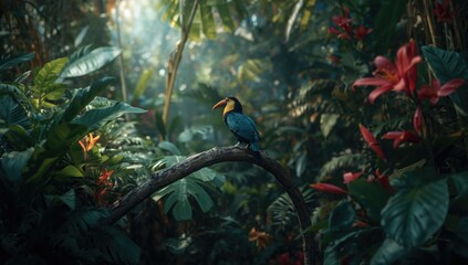 Obraz premium Tropical rainforest bird toucan perched on a branch amid dense leaves