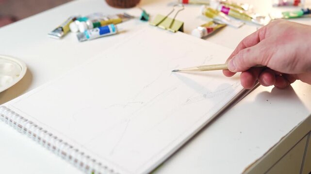 Hand drawing landscape sketch with a pencil for watercolor painting on paper