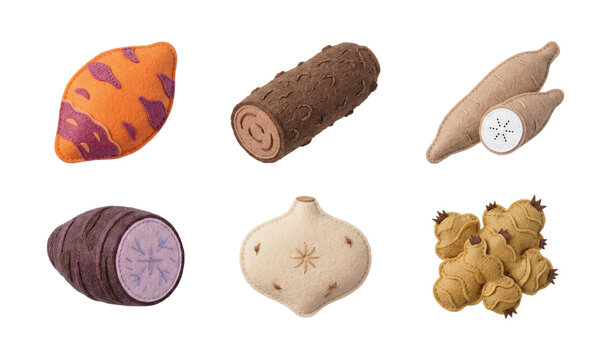 Handcrafted root vegetable set made of Felt/Fabric featuring ginger sweet potato burdock and cassava for educational kitchen play