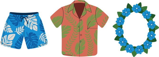 Tropical beach vacation outfit set with floral blue swim trunks Hawaiian aloha shirt and traditional flower lei wreath vectorTropical beach vacation outfit set with floral blue swim trunks Hawaiian al © Snowar