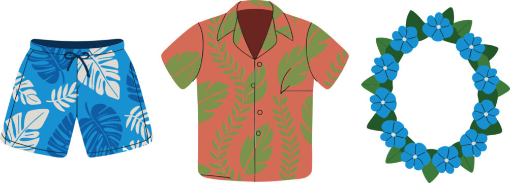 Tropical beach vacation outfit set with floral blue swim trunks Hawaiian aloha shirt and traditional flower lei wreath vectorTropical beach vacation outfit set with floral blue swim trunks Hawaiian al