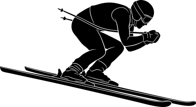 Black silhouette of a professional downhill skier in a speed tuck