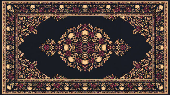Gothic skull and rose ornamental rug pattern