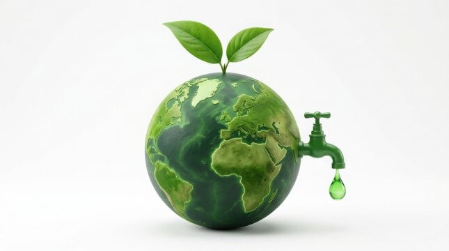 Eco-friendly Earth with sprouting leaves from faucet
