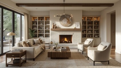 Obraz premium Light filled contemporary living area highlighting a cozy corner hearth