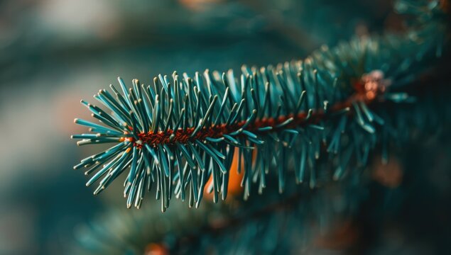 Spruce fir branch macro with holiday colors blue and green hues