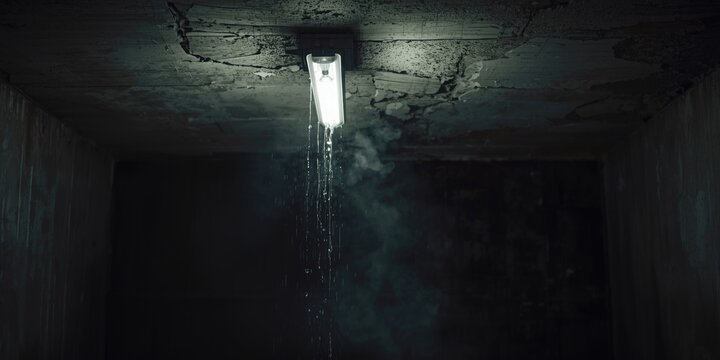 Leaky ceiling light in a darkened concrete room