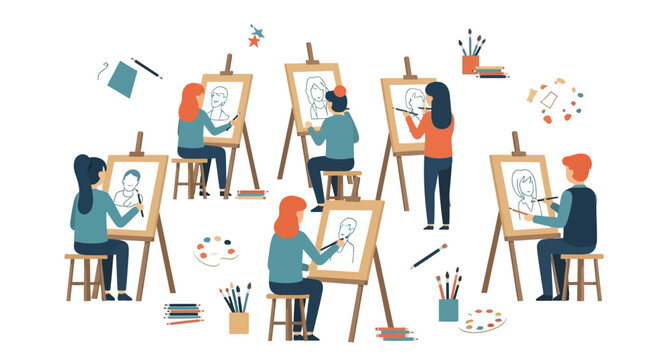 Art class with people drawing portraits on easels, creative hobby, learning art skills