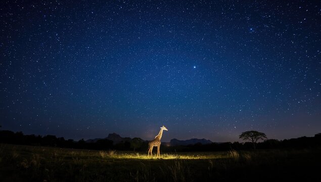 Giraffe standing in a field under a starry night sky