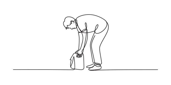 Continuous single line drawing of a man bending over to pick up a heavy bag from the ground showing a simple minimalist style for modern graphic design art Vector, illustration