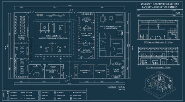 Advanced robotics engineering facility blueprint with technical sections