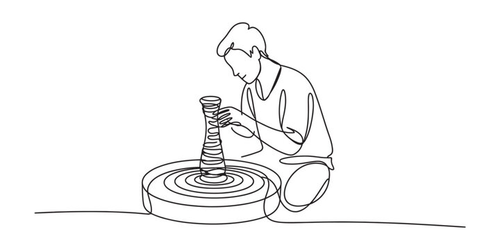 A man making a clay vase on a pottery wheel drawn with one continuous line art style showing a creative artist shaping a beautiful handmade ceramic object Vector, illustration