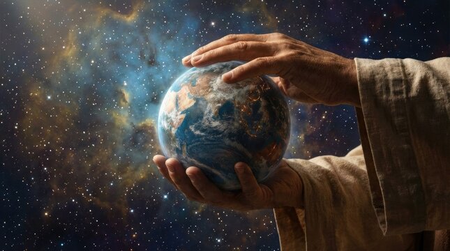 Divine genesis embrace: God hand, world creation, hold earth, divine concept, sacred power, cosmic wonder, universal order, life develop.