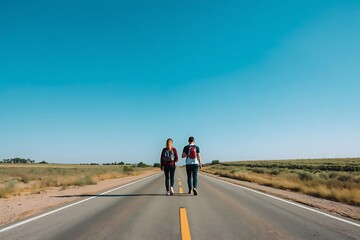 Obraz premium Two People Walking On Desert Road Under A Vast Blue Sky Scenic Photo