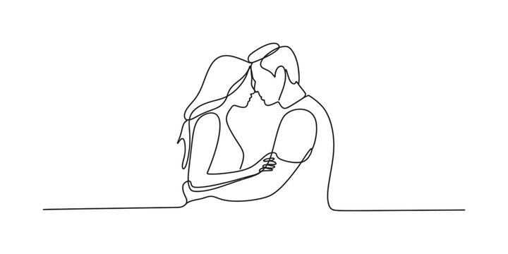 Continuous single line drawing of a romantic couple in love embracing each other with heads touching in a minimalist artistic style for valentine design Vector, illustration