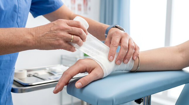 close up of nurse hands wrapping white medical gauze bandage around injured wrist or hand of patient for first aid care and support in hospital clinic room