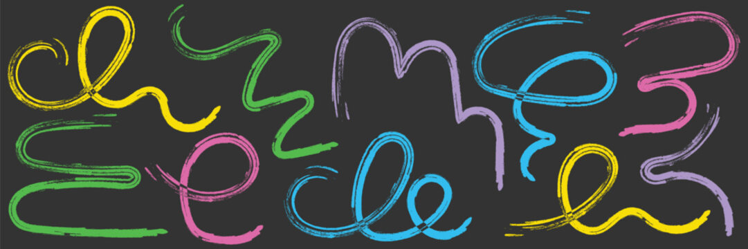 Set of colorful hand drawn paint brush stroke swashes isolated on dark black background vector design.