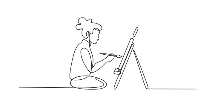 Continuous single line drawing of a creative woman artist painting on a canvas with a brush in a minimalist artistic style for creative design projects Vector, illustration