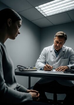 Doctor Consulting Patient In Examination Room Medical Discussion